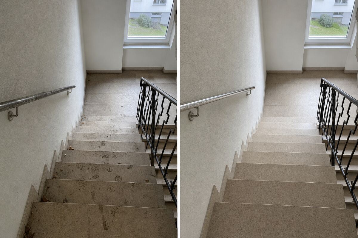 Exemple d'avant/après : cage d'escalier sale puis propre, côte à côte